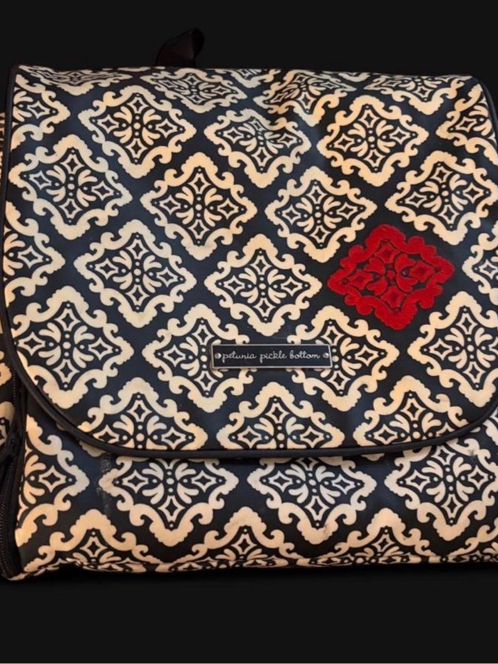 Petunia Pickle Bottom Black and Cream Patterned Crossbody with Red Accent
